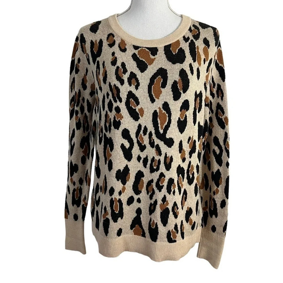 A New Day Leopard Pattern Knit Top Large Beige Black Long Sleeve Round Neck Work - Picture 1 of 9